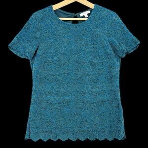 Womens Lace Overlay Top Teal Blue Short Sleeve Scalloped Hem Boho Sz M